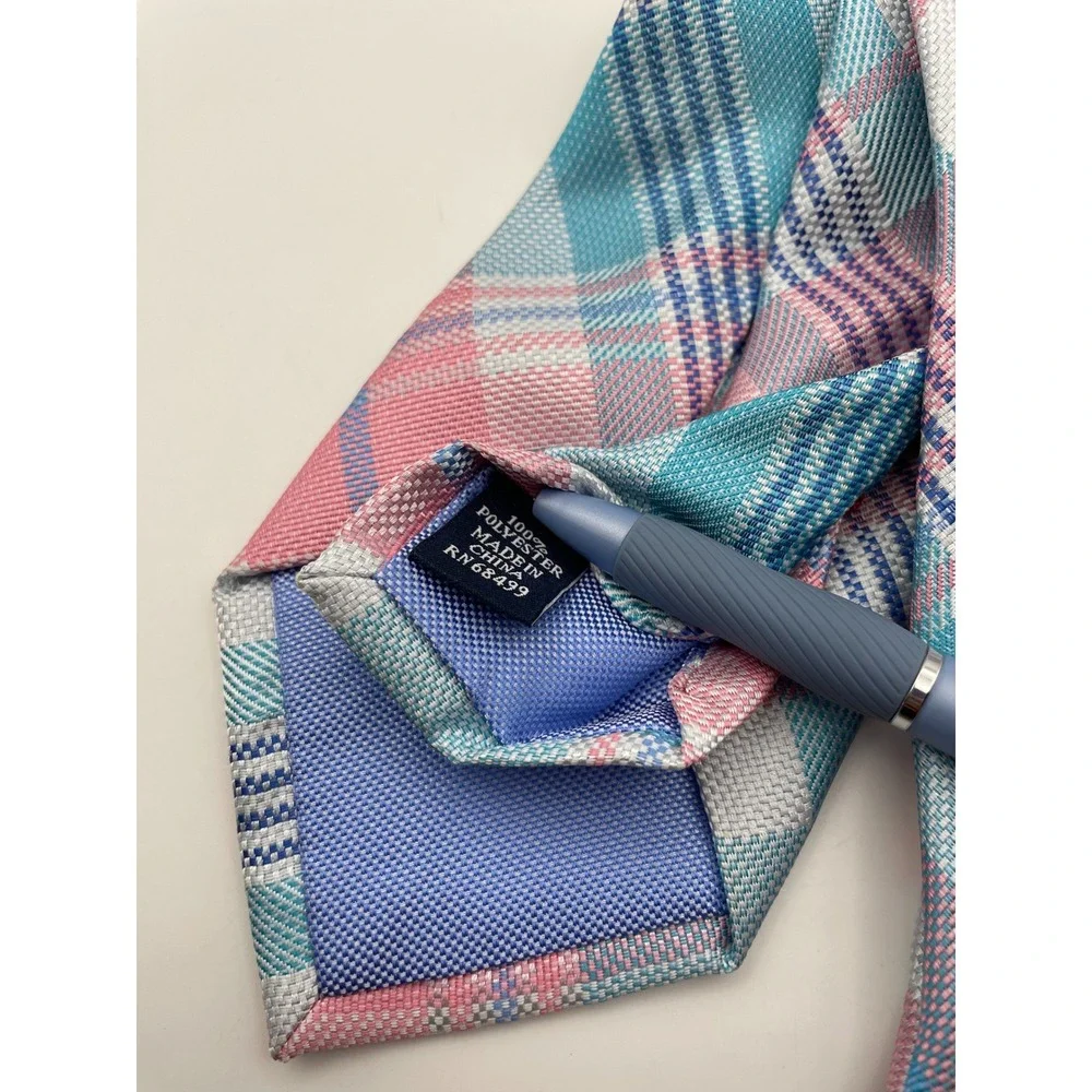 Club Room Mens Austine Plaid Regular Tie Powder Pink Teal White Woven Necktie